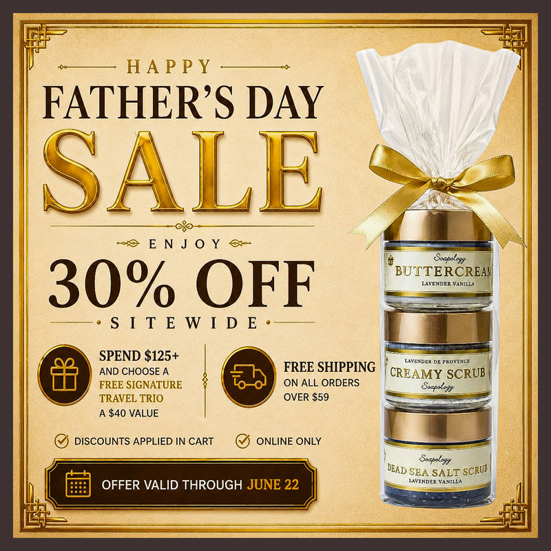 Father's Day sale advertisement with skincare products and promotional text on a beige background.