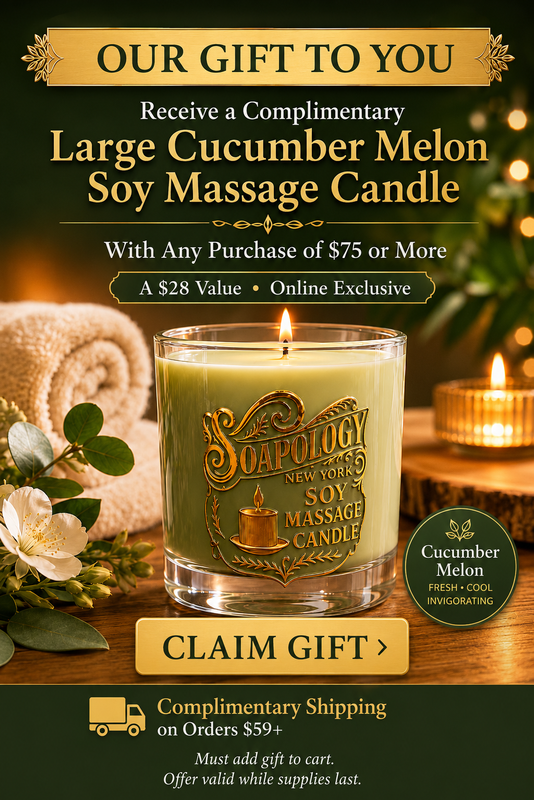 Promotional image for a complimentary Soapology cucumber melon soy massage candle with a wooden background.