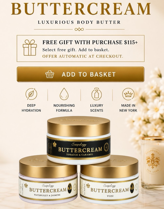 A promotional graphic for Soapology Buttercream body butter, showing three cream jars with gold lids and labels, plus large marketing text, icons, and a 'Free Gift with Purchase' offer on a warm beige background.