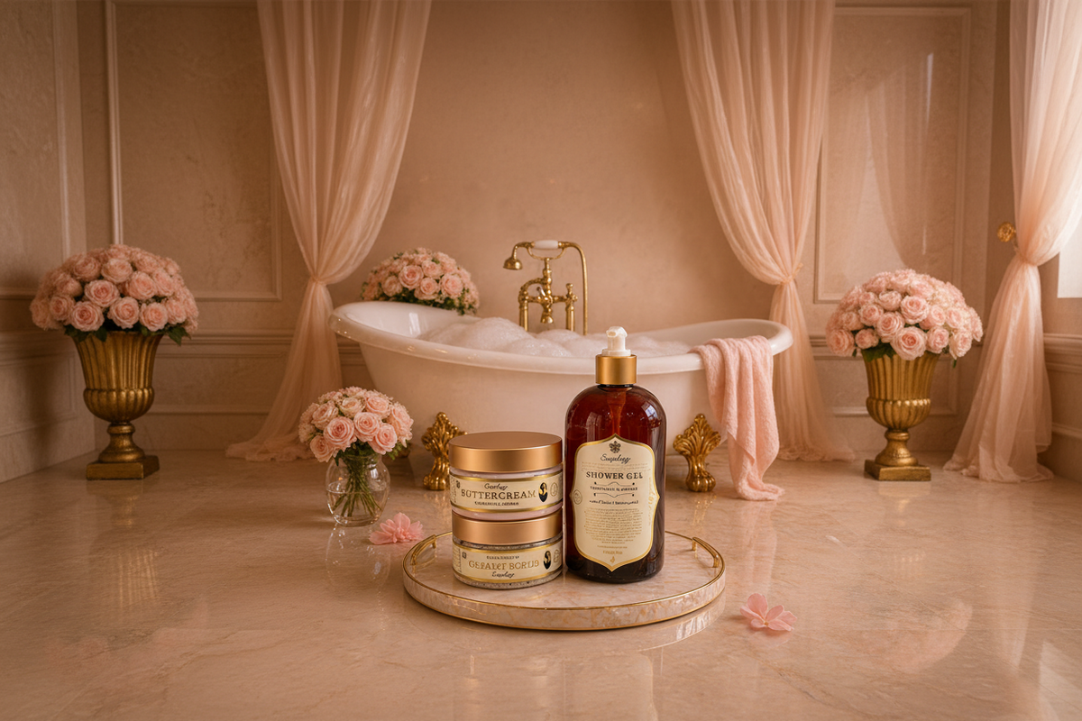 A buttercream, creamy scrub and shower gel on a tray with clawfoot bathtub in the background.