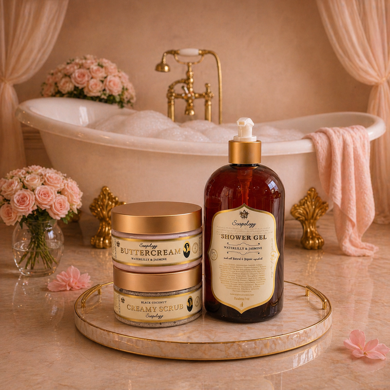A buttercream, creamy scrub and shower gel on a rose quartz tray with clawfoot bathtub in the background 
