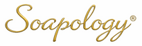 Gold 'Soapology' logo on a white background