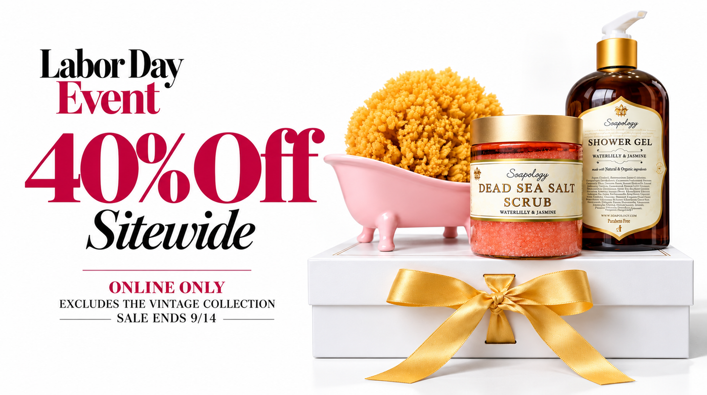 Labor Day event promotional graphic showing a jar of Dead Sea Salt Scrub, a shower gel bottle, and a pink clawfoot tub filled with yellow sponge bath material on a white box with a gold ribbon. Large text reads 'Labor Day Event 40% Off Sitewide' on a white background.