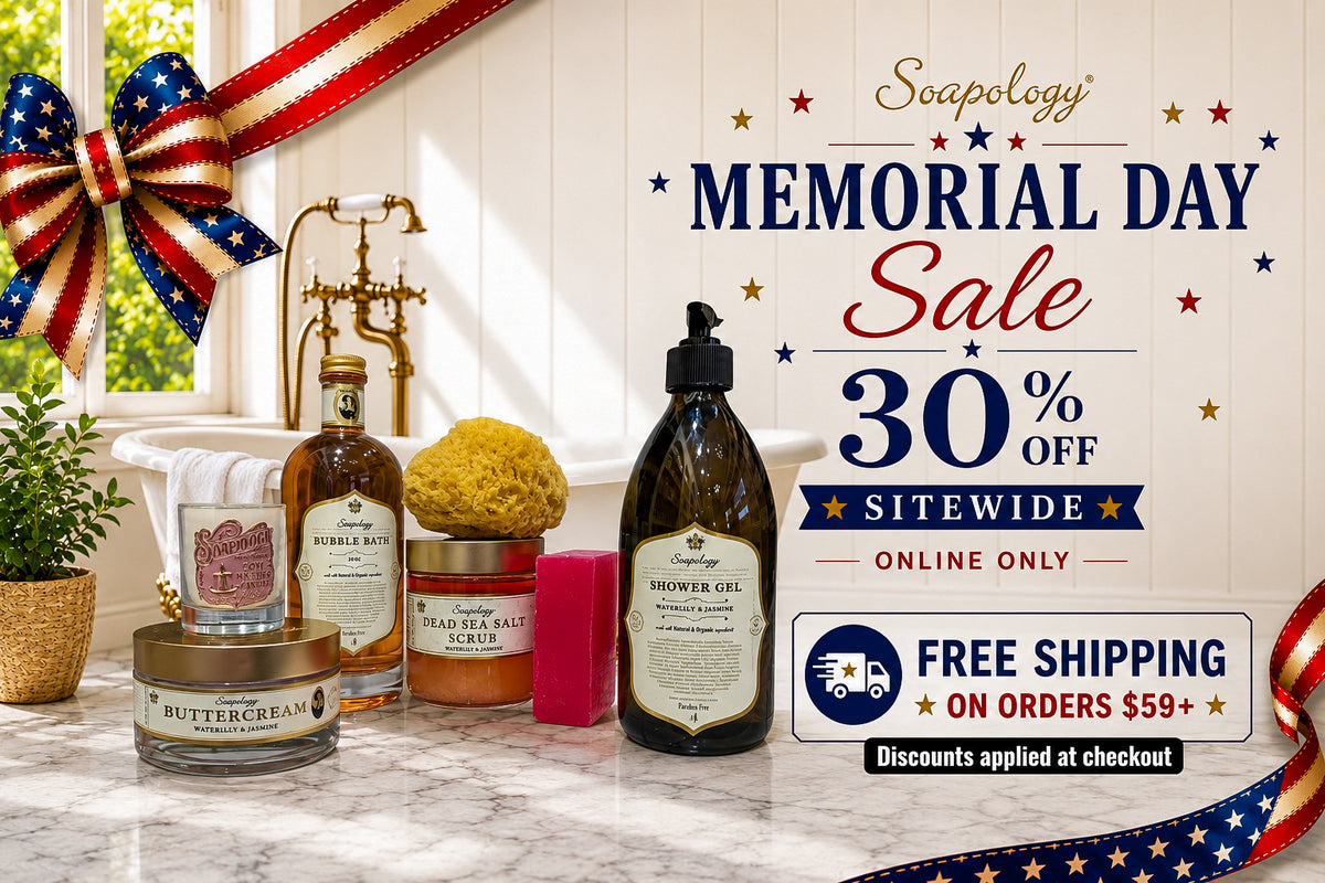 Soapology Memorial Day sale advertisement with products on a countertop.