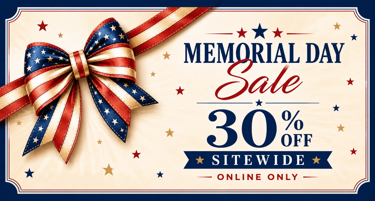 Memorial Day sale banner with American flag bow and 30% off text on a beige background.