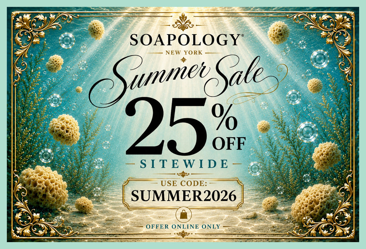 A promotional sale graphic for Soapology New York featuring an underwater coral reef scene with bubbles and sunbeams, large text reading 'Summer Sale 25% OFF SITEWIDE,' and a code box that says 'SUMMER2026.'.