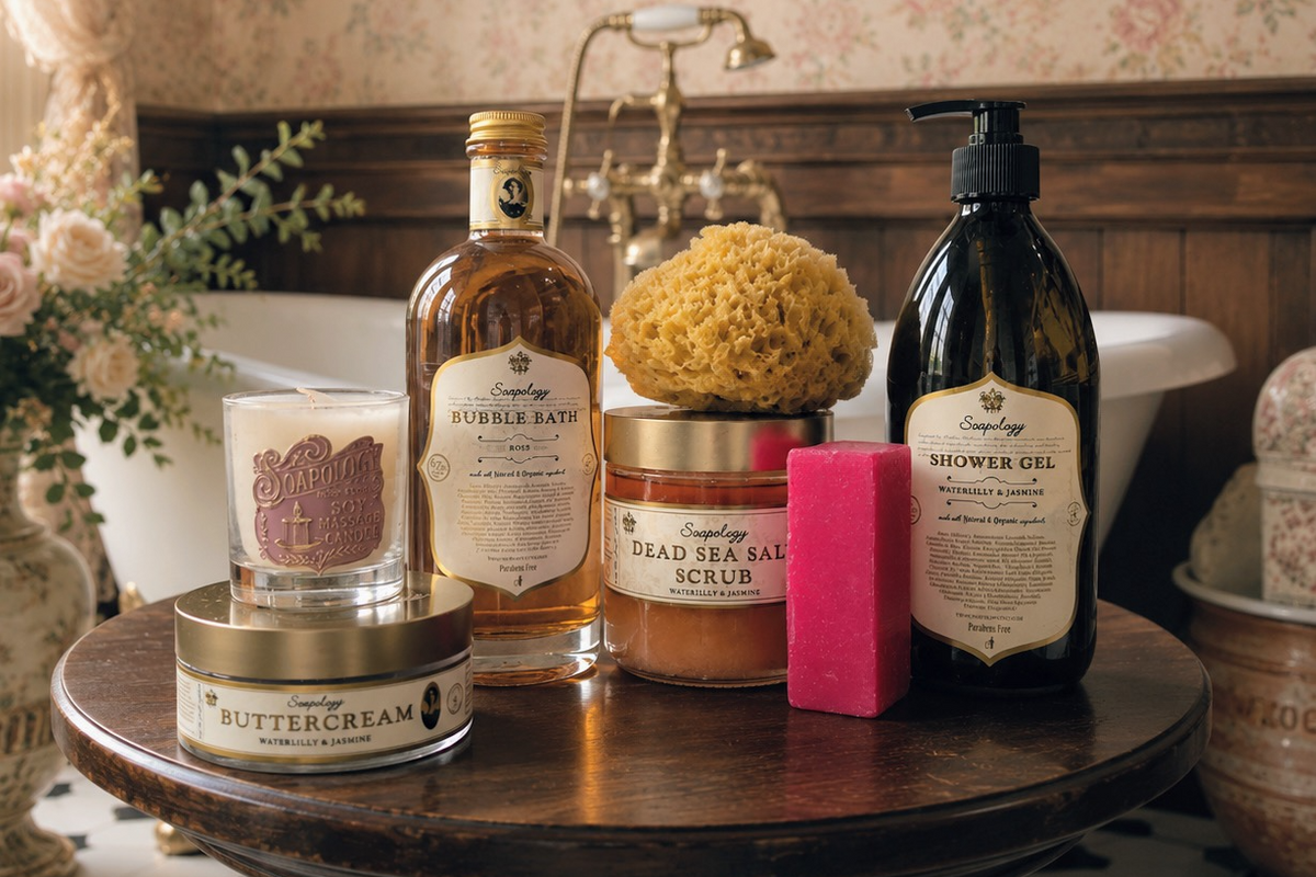 Collection of bath and body products on a wooden table with a vintage bathroom setting.