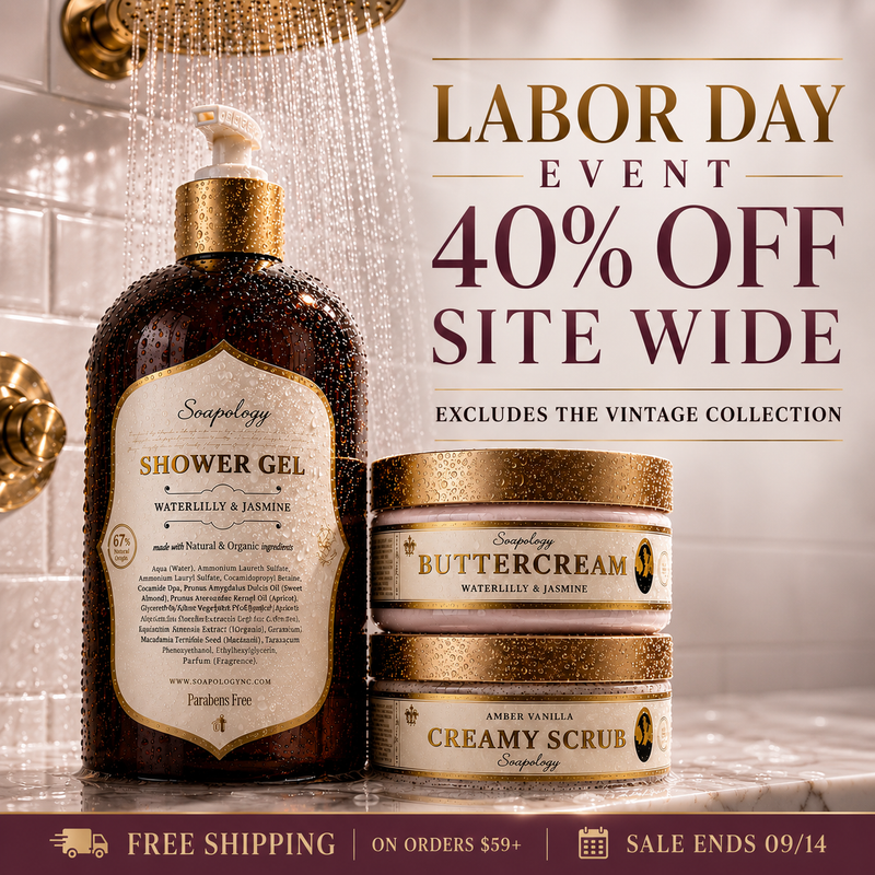 Three Solespoetry shower products displayed under running showerhead water: a large brown shower gel bottle, a buttercream jar, and a creamy scrub jar, with promotional text reading Labor Day Event 40% Off Site Wide.