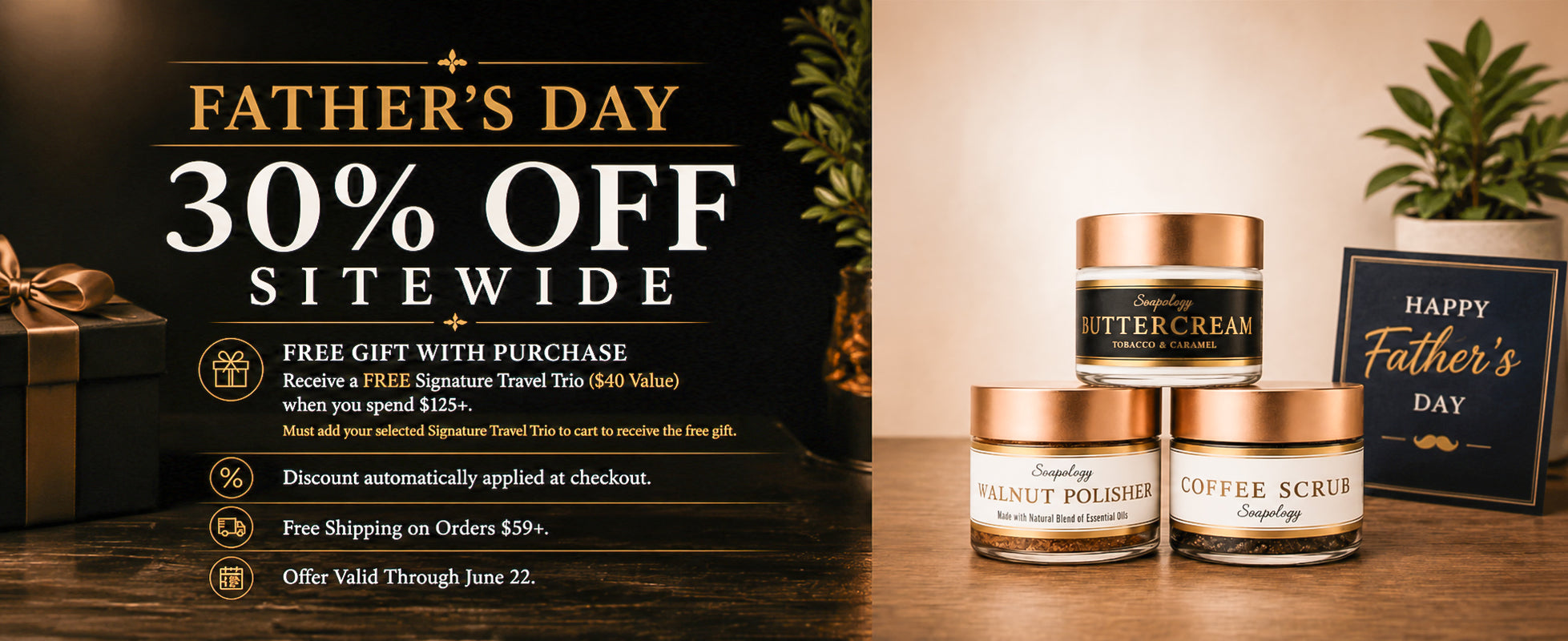 Promotional banner for Father's Day sale with gift and skincare products.