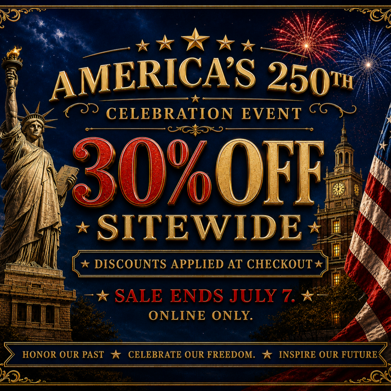 A patriotic promotional poster for an America's 250th Celebration Event with a 30% off sitewide discount. The design features a dark blue night sky background with fireworks, the Statue of Liberty on the left, and the American flag on the right.